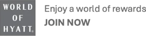 The image shows the "World of Hyatt" logo with the text "Enjoy a world of rewards, JOIN NOW" on the right side.