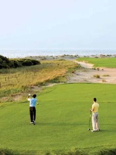 Two people are playing golf on a grassy course near the coast, with one person swinging a club while the other watches.
