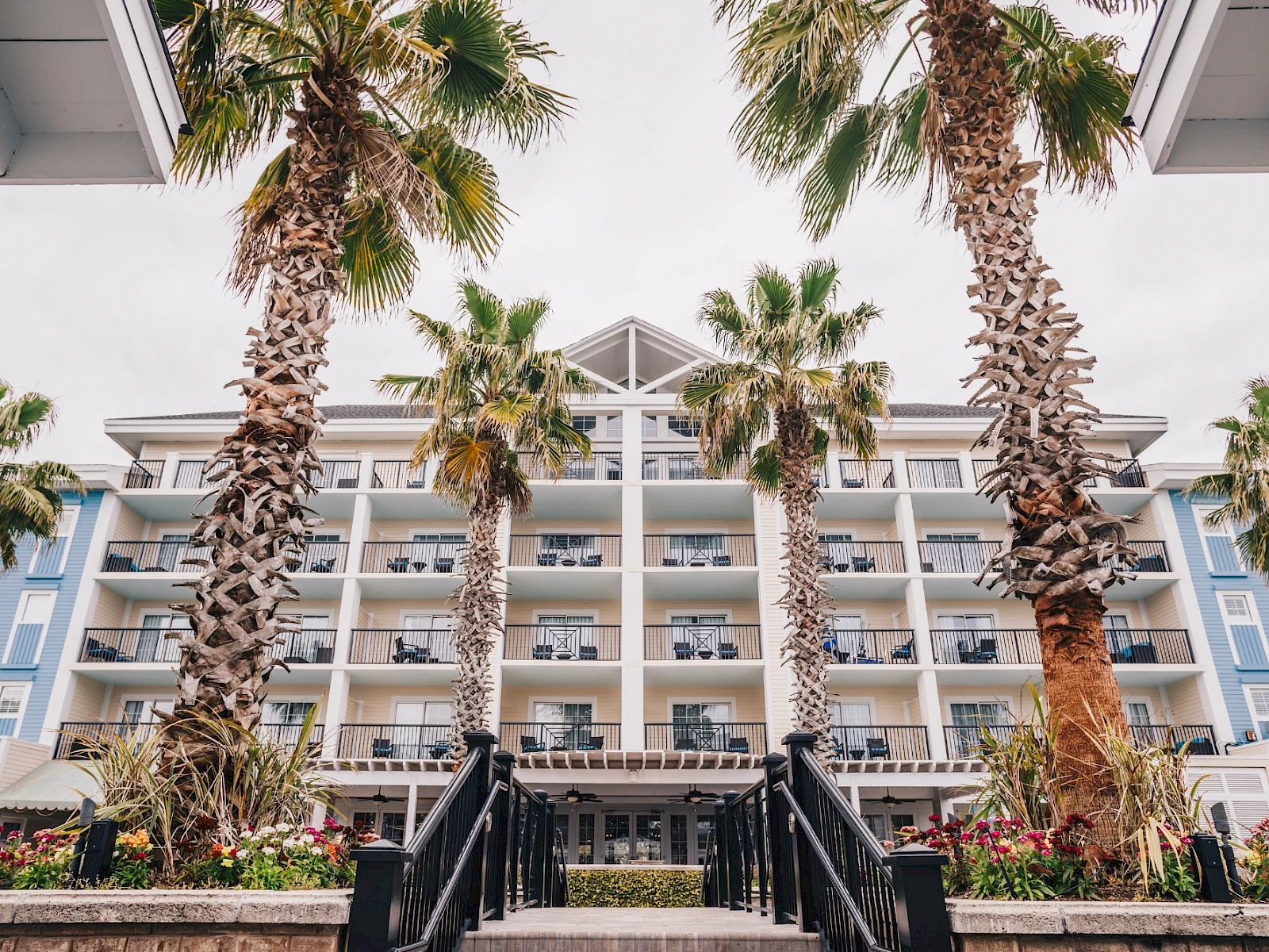 A beachfront hotel with blue and white facade, palm trees lining the entrance, and a stairway leading up to the lobby.