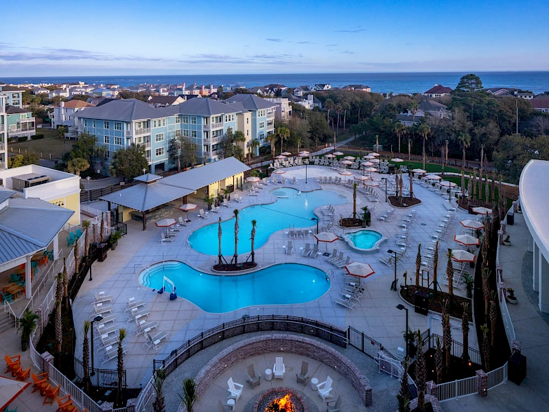 Aerial of Sweetgrass Inn Pool at Dusk
