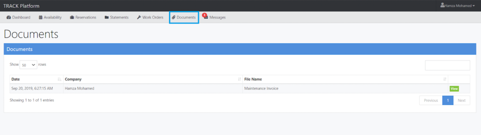 There&rsquo;s a screenshot of a web app titled &ldquo;Documents.&rdquo; It shows a list with one entry: Date Sep 20, 2019; Company Hamza Mohamed; File Name Maintenance Invoice; a &ldquo;View&rdquo; button on the right, plus navigation controls.