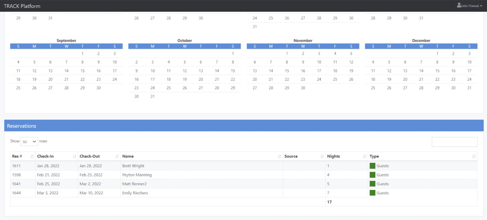 A screenshot of a booking/calendar UI. It shows a timeline calendar (months Sep&ndash;Dec) with a blue header, and a Reservations table below listing stays for multiple guests, including check-in/out dates, names, source, nights, and type (Guests). The page header indicates TRACK Platform. End.