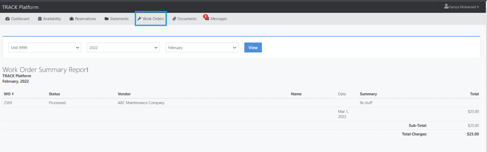 Work Orders tab shows a processed order from ABC Maintenance Company for &ldquo;fix stuff&rdquo; totaling $25.00 in February 2022.